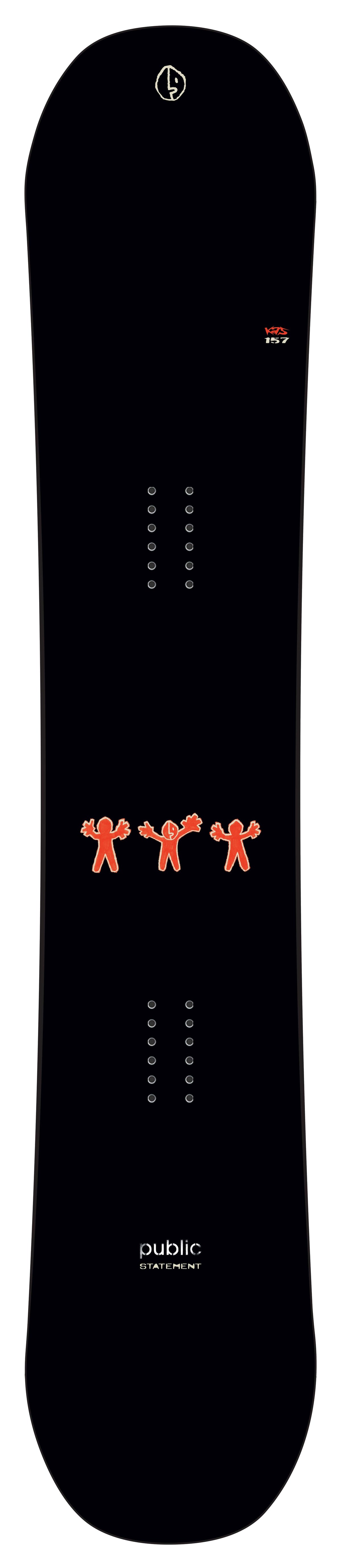 PublicStatement-A black snowboard with orange graphic details and white branding, shown vertically against a white background.