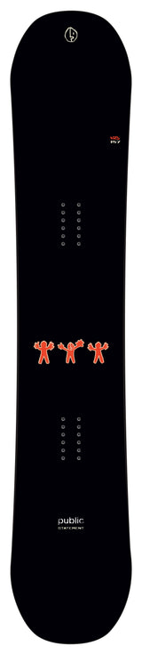 PublicStatement-A black snowboard with orange graphic details and white branding, shown vertically against a white background.