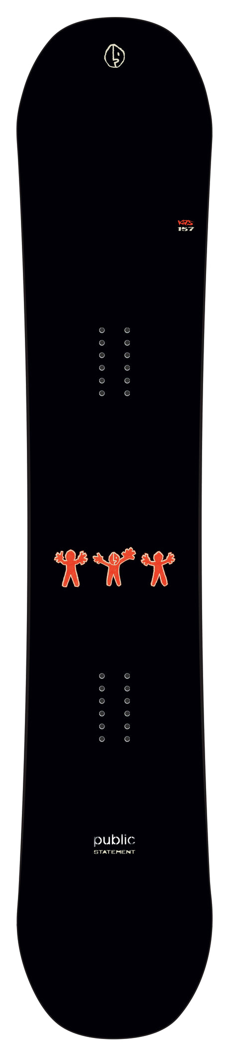 PublicStatement-A black snowboard with orange graphic details and white branding, shown vertically against a white background.