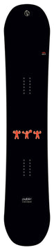 PublicStatement-A black snowboard with orange graphic details and white branding, shown vertically against a white background.