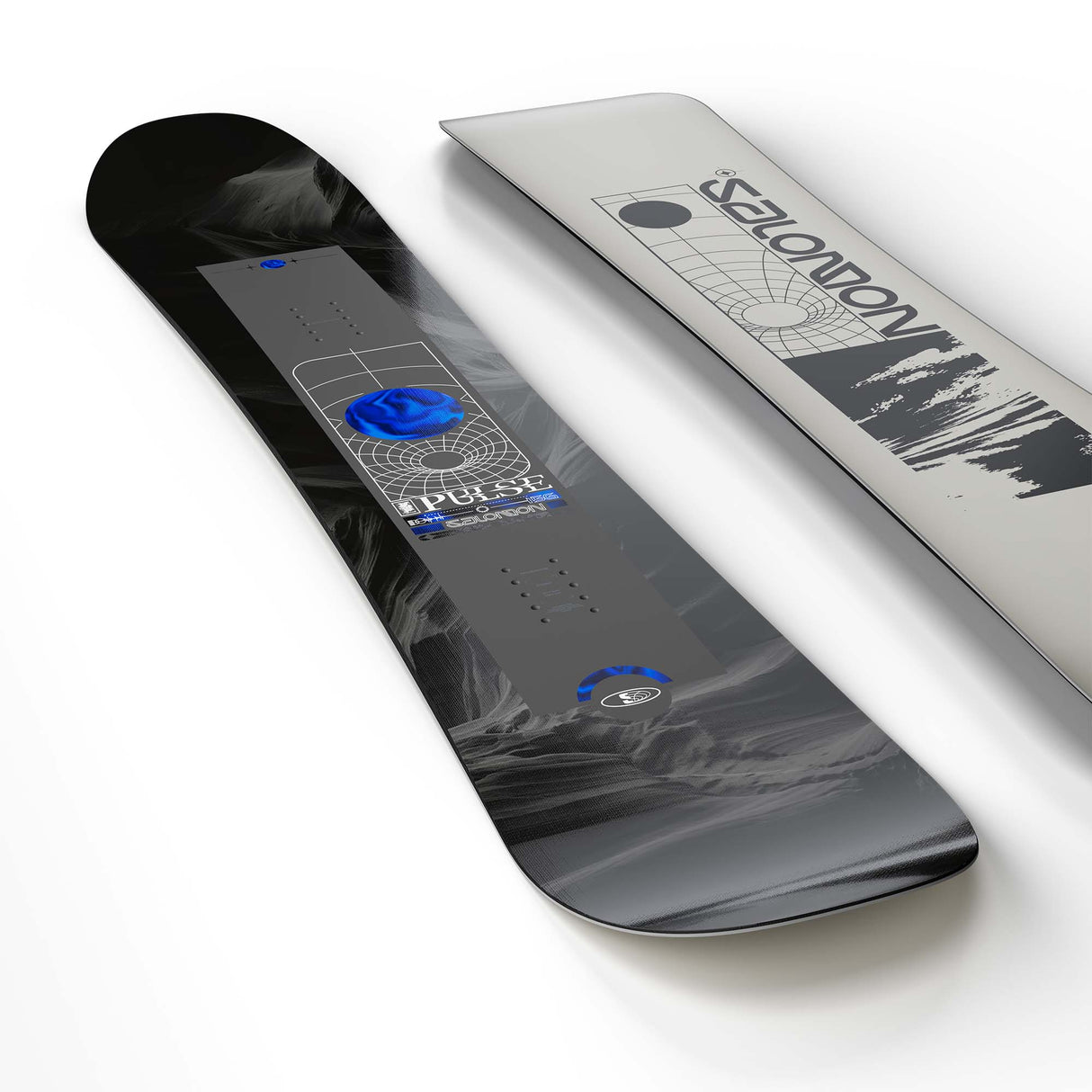 Pulse- Black multi colored snowboard on a white background 