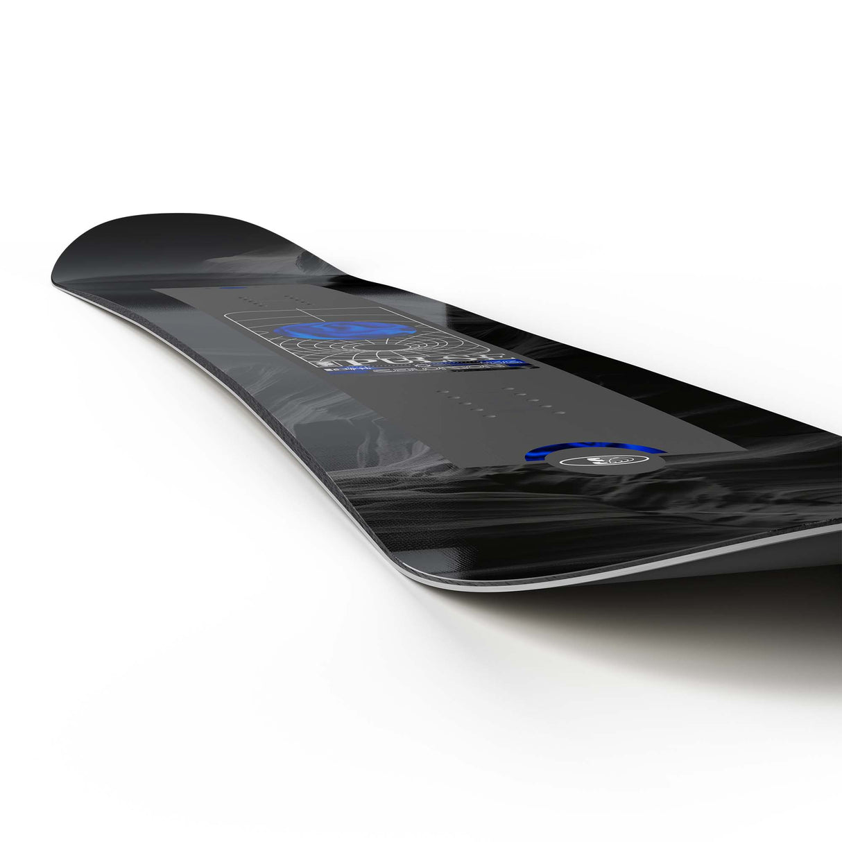 Pulse- Black multi colored snowboard on a white background 