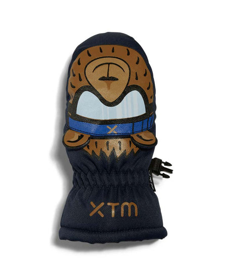 PuppetMitt-A pair of navy blue children's winter mittens shown flat against a white background. One mitten features a cartoon bear face graphic with a blue bandana and the letters 'X TM' embroidered on the cuff, while the other mitten shows the back with black textured grip panels on the palm side.