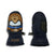 PuppetMitt-A pair of navy blue children's winter mittens shown flat against a white background. One mitten features a cartoon bear face graphic with a blue bandana and the letters 'X TM' embroidered on the cuff, while the other mitten shows the back with black textured grip panels on the palm side.