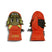 PuppetMitt-A pair of bright orange children's winter mittens shown flat against a white background. One mitten displays a green cartoon monster face with yellow accents, and the other shows the back with black elasticized wrist panels and a small black brand tag.