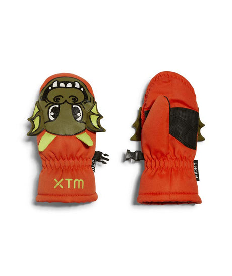 PuppetMitt-A pair of bright orange children's winter mittens shown flat against a white background. One mitten displays a green cartoon monster face with yellow accents, and the other shows the back with black elasticized wrist panels and a small black brand tag.