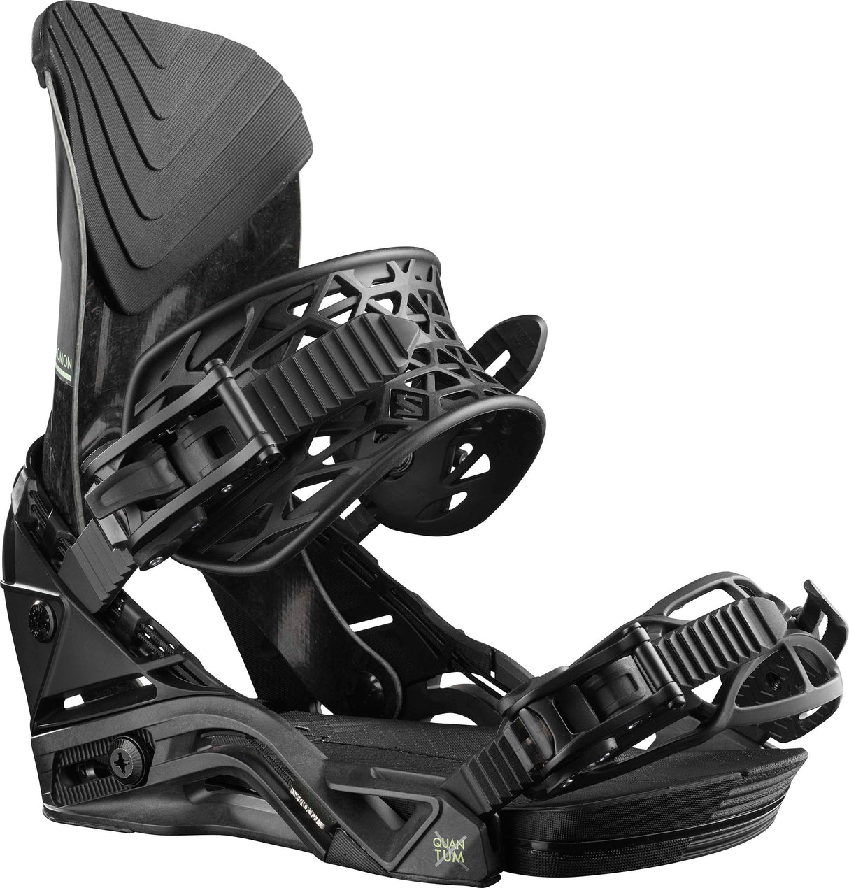 QuantumCarbon-Pair of black snowboard bindings on a white background