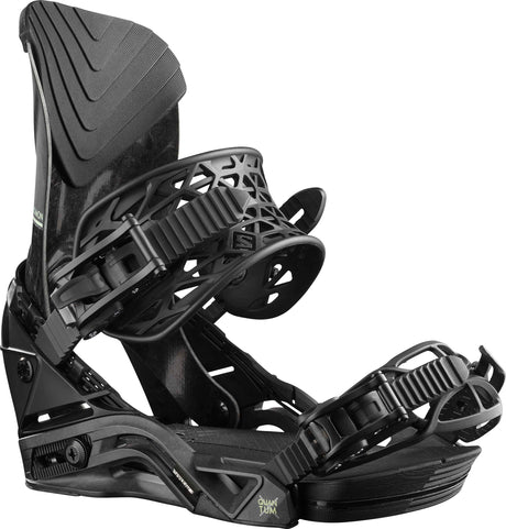 QuantumCarbon-Pair of black snowboard bindings on a white background