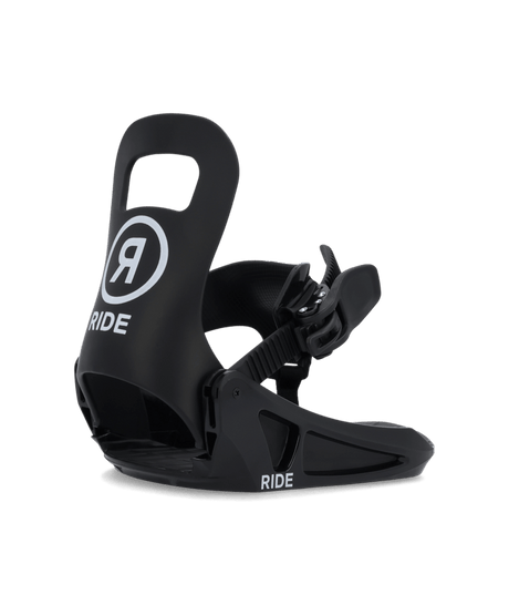 MicroSBBindings- Black snowboard binding with 'RIDE' branding on a transparent background