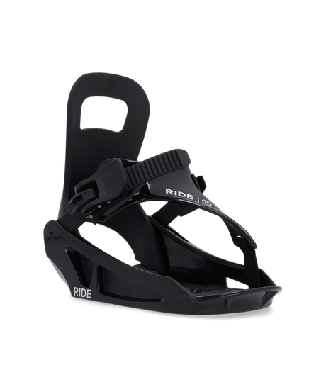 MicroSBBindings- Black snowboard binding with 'RIDE' branding on a transparent background
