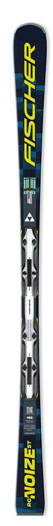 RC4NoizeST-A Fischer ski shown vertically against a plain white background, featuring a dark blue and black base with yellow, white, and green graphics and bindings attached.