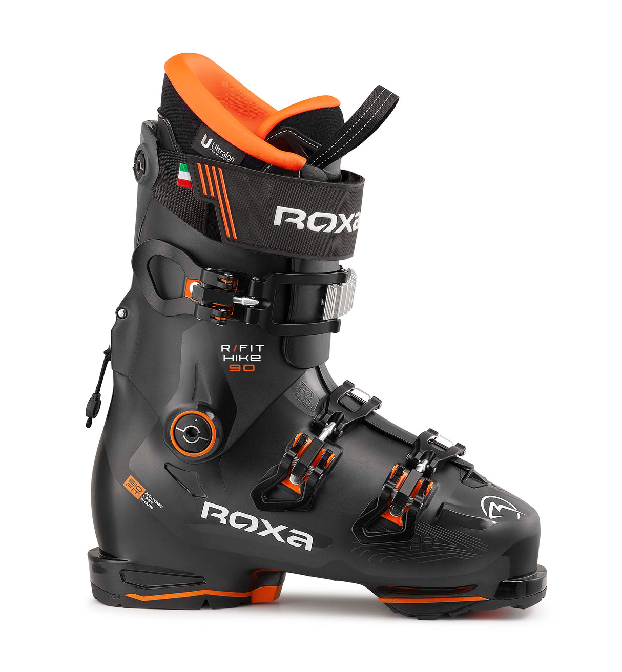 RFITHIKE90-Black and orange ski boot with 'Roxa' branding on a white background