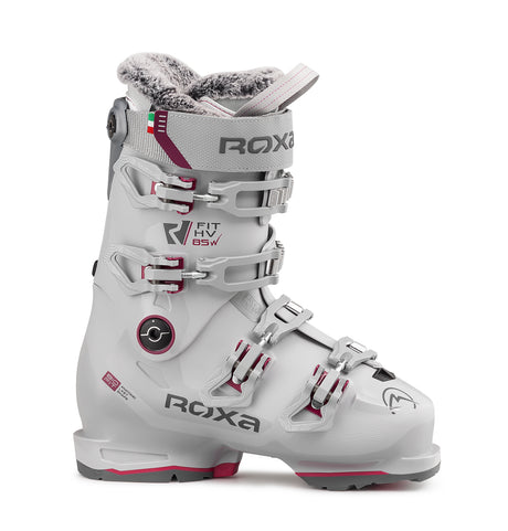 RFITHV85W- White ski boot with gray and red accents on a white background