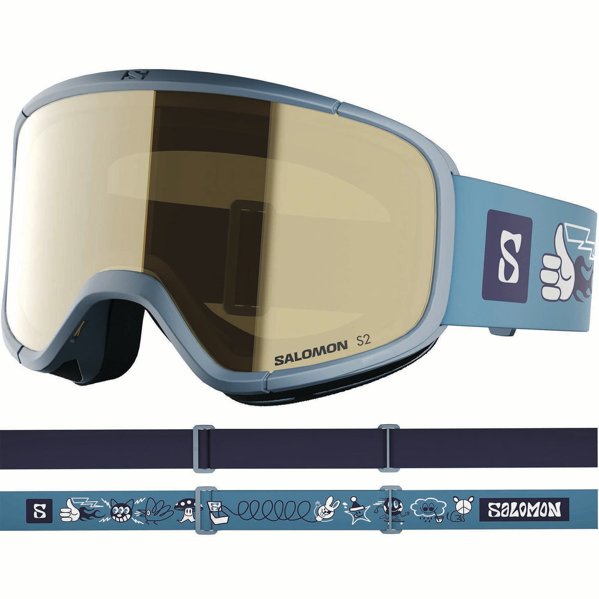 RIO-Salomon ski goggles with blue frame and yellow lens on a white background
