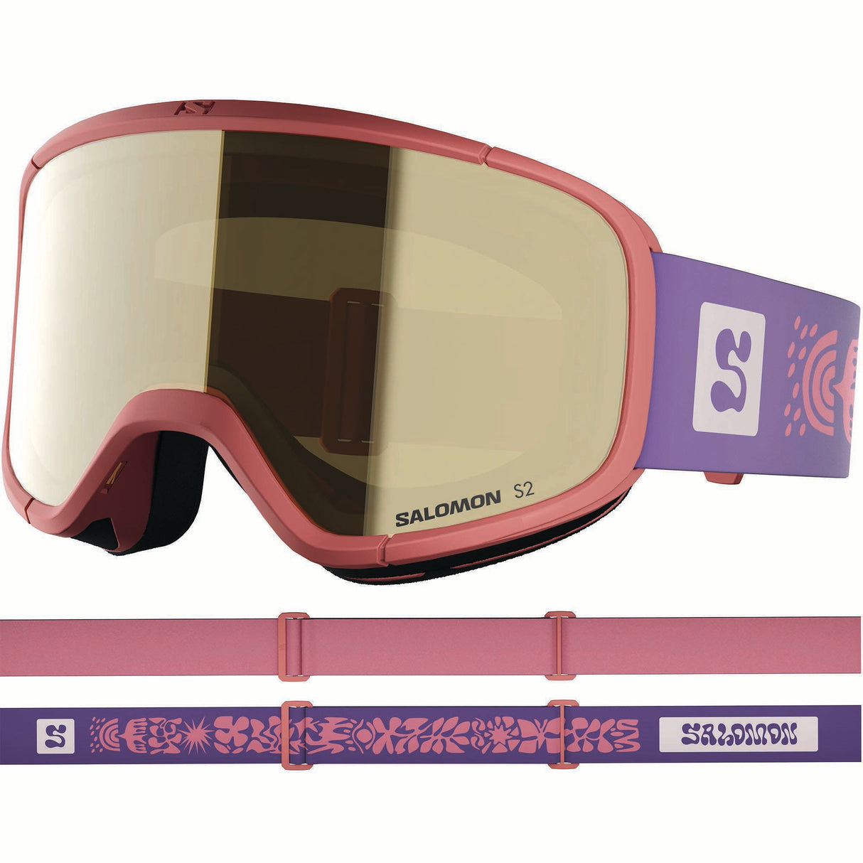 RIO-Salomon ski goggles with pink and purple strap on a white background
