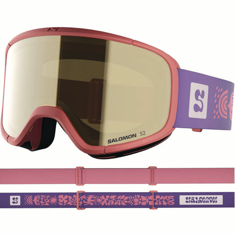 RIO-Salomon ski goggles with pink and purple strap on a white background