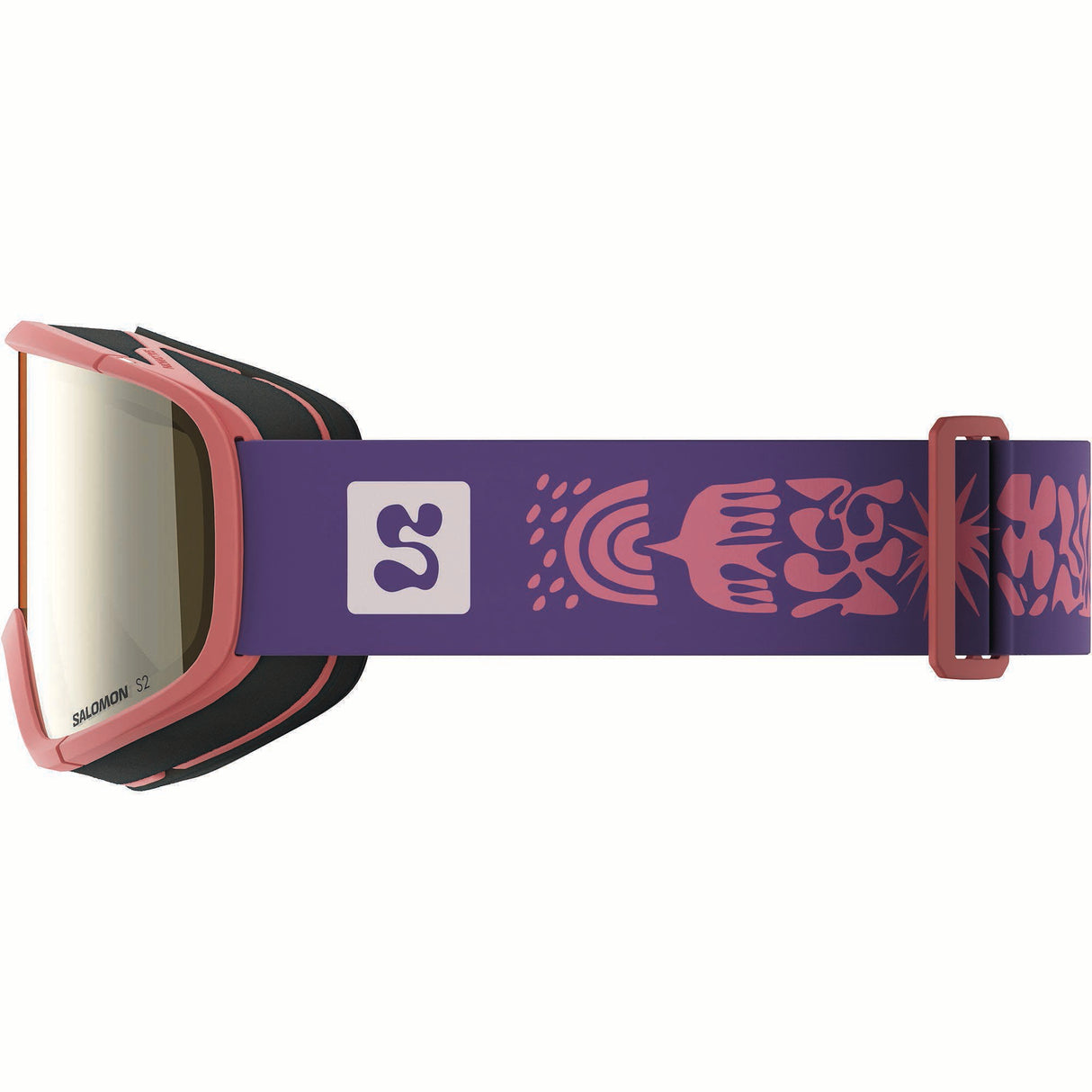 RIO-Salomon ski goggles with pink and purple strap on a white background