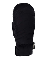 RadiatorMitt-A single black insulated mitten with quilted paneling, a drawstring cuff, and embossed branding, shown against a plain white background.