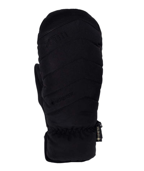 RadiatorMitt-A single black insulated mitten with quilted paneling, a drawstring cuff, and embossed branding, shown against a plain white background.