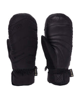 RadiatorMitt-A pair of black insulated winter gloves shown from both the front and back views against a plain white background. The gloves feature quilted stitching, a padded cuff, and small black brand tags on the wrist.
