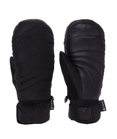 RadiatorMitt-A pair of black insulated winter gloves shown from both the front and back views against a plain white background. The gloves feature quilted stitching, a padded cuff, and small black brand tags on the wrist.