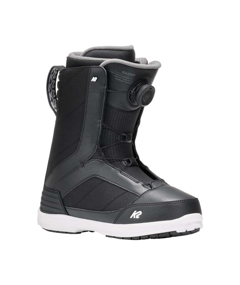 Raider- Black and white snowboard boot on a white background