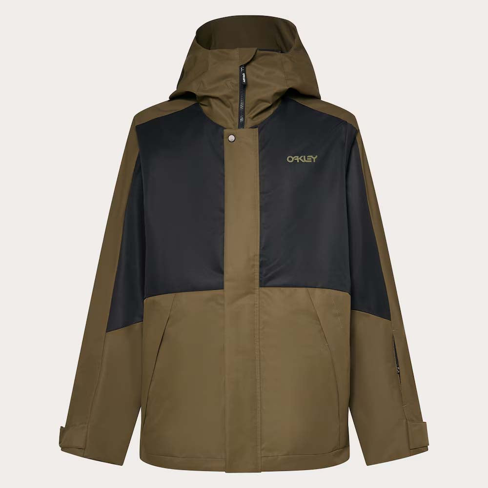 MRangeRCJacket2.0-Two-tone brown and black jacket with Oakley logo on a light gray background