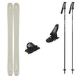 Ranger102w_Griffon13-A ski equipment set on a plain white background, including a pair of light beige/silver skis, two black ski bindings, and two black ski poles with white branding.