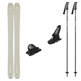 Ranger102w_Griffon13-A ski equipment set on a plain white background, including a pair of light beige/silver skis, two black ski bindings, and two black ski poles with white branding.