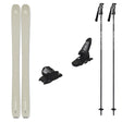 Ranger102w_Griffon13-A ski equipment set on a plain white background, including a pair of light beige/silver skis, two black ski bindings, and two black ski poles with white branding.