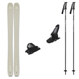 Ranger102w_Griffon13-A ski equipment set on a plain white background, including a pair of light beige/silver skis, two black ski bindings, and two black ski poles with white branding.