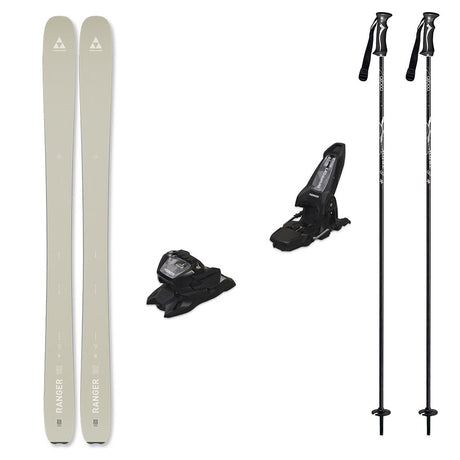 Ranger102w_Griffon13-A ski equipment set on a plain white background, including a pair of light beige/silver skis, two black ski bindings, and two black ski poles with white branding.