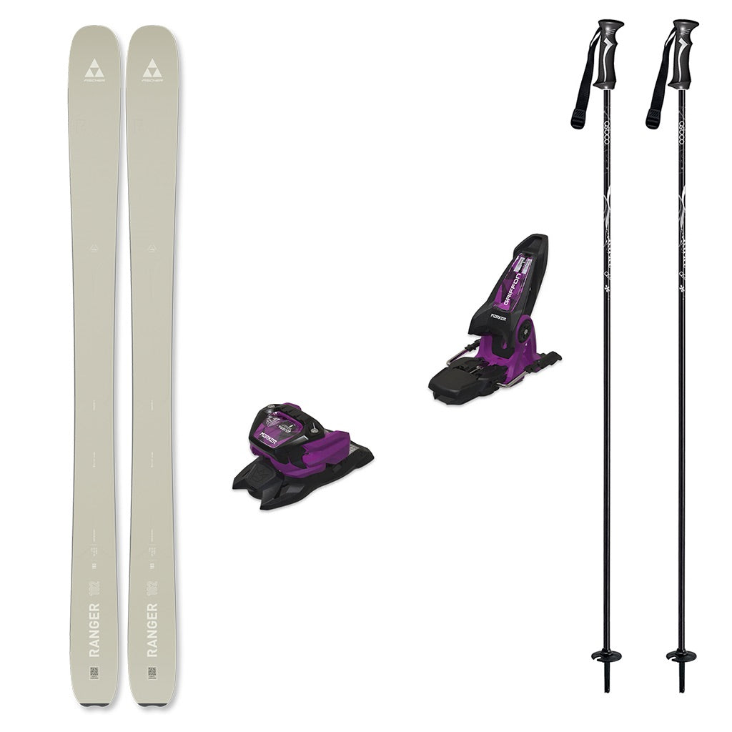 Ranger102w_Griffon13-A ski equipment set on a plain white background, including a pair of light beige/silver skis, two black and purple ski bindings, and two black ski poles with white branding.