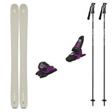 Ranger102w_Griffon13-A ski equipment set on a plain white background, including a pair of light beige/silver skis, two black and purple ski bindings, and two black ski poles with white branding.