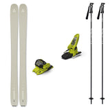 Ranger102w_Griffon13-A ski equipment set on a plain white background, including a pair of light beige/silver skis, two black and light green ski bindings, and two black ski poles with white branding.