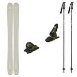Ranger102w_Griffon13-A ski equipment set on a plain white background, including a pair of light beige/silver skis, two black and olive green ski bindings, and two black ski poles with white branding.
