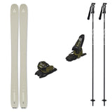 Ranger102w_Griffon13-A ski equipment set on a plain white background, including a pair of light beige/silver skis, two black and olive green ski bindings, and two black ski poles with white branding.