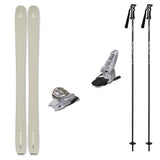 Ranger102w_Griffon13-A ski equipment set on a plain white background, including a pair of light beige/silver skis, two white ski bindings, and two black ski poles with white branding.