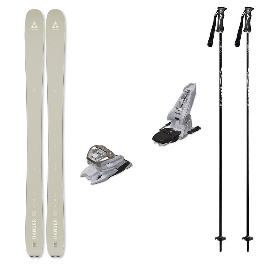 Ranger102w_Griffon13-A ski equipment set on a plain white background, including a pair of light beige/silver skis, two white ski bindings, and two black ski poles with white branding.