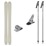 Ranger102w_Griffon13-A ski equipment set on a plain white background, including a pair of light beige/silver skis, two white ski bindings, and two black ski poles with white branding.