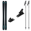 Ranger84w_Strive12-A ski equipment bundle featuring a pair of black Lange RANGER skis with teal branding, two black ski bindings, and two black ski poles with white graphics, all arranged on a plain white background.