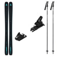 Ranger84w_Strive12-A ski equipment bundle featuring a pair of black Lange RANGER skis with teal branding, two black ski bindings, and two black ski poles with white graphics, all arranged on a plain white background.