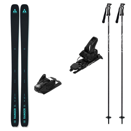Ranger84w_Strive12-A ski equipment bundle featuring a pair of black Lange RANGER skis with teal branding, two black ski bindings, and two black ski poles with white graphics, all arranged on a plain white background.