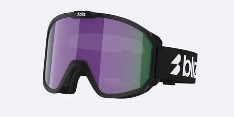 Rave-Bliz ski goggles with a black frame and strap, featuring a purple-to-green mirrored lens, shown on a light gray background.