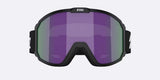 Rave-Bliz ski goggles with a black frame and strap, featuring a purple-to-green mirrored lens, shown on a light gray background.