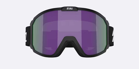 Rave-Bliz ski goggles with a black frame and strap, featuring a purple-to-green mirrored lens, shown on a light gray background.