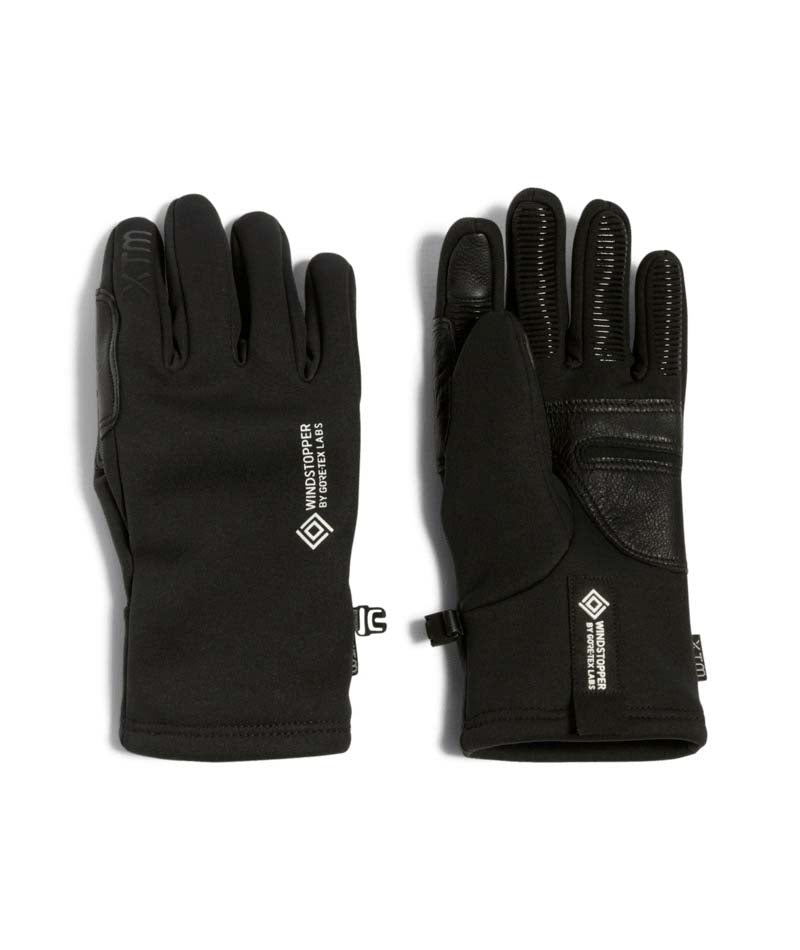 RealDealGlove-A pair of black outdoor gloves shown flat against a white background, displaying both the back of one glove and the palm of the other. The gloves feature white printed branding and logo details.