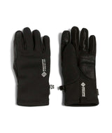 RealDealGlove-A pair of black outdoor gloves shown flat against a white background, displaying both the back of one glove and the palm of the other. The gloves feature white printed branding and logo details.