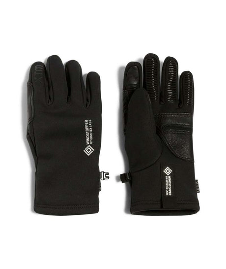 RealDealGlove-A pair of black outdoor gloves shown flat against a white background, displaying both the back of one glove and the palm of the other. The gloves feature white printed branding and logo details.