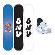 RecessPackageMini- The GNU Recess Snowboard shown next to a white and black snowboard binding